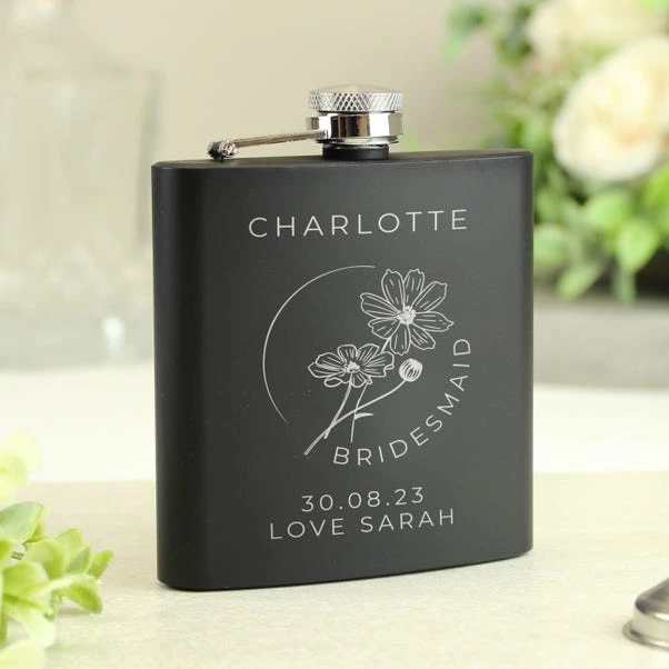 Personalised Monochrome Floral Wedding Party Black Hip Flask 3 Personalised Monochrome Floral Wedding Party Black Hip Flask