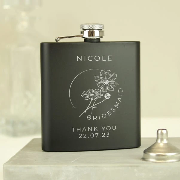 Personalised Monochrome Floral Wedding Party Black Hip Flask 4 Personalised Monochrome Floral Wedding Party Black Hip Flask - Image 2