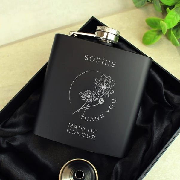Personalised Monochrome Floral Wedding Party Black Hip Flask 5 Personalised Monochrome Floral Wedding Party Black Hip Flask - Image 3