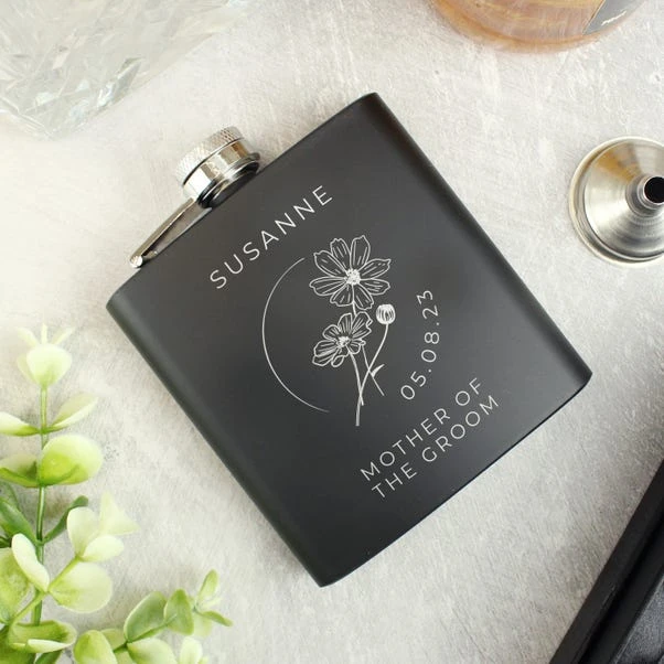 Personalised Monochrome Floral Wedding Party Black Hip Flask 6 Personalised Monochrome Floral Wedding Party Black Hip Flask - Image 4